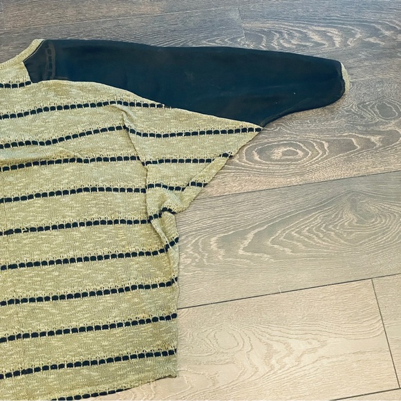 Harmony Mesh 3/4 Sleeve Olive Green Striped See Through Woven Slouchy Sweater - Picture 10 of 16
